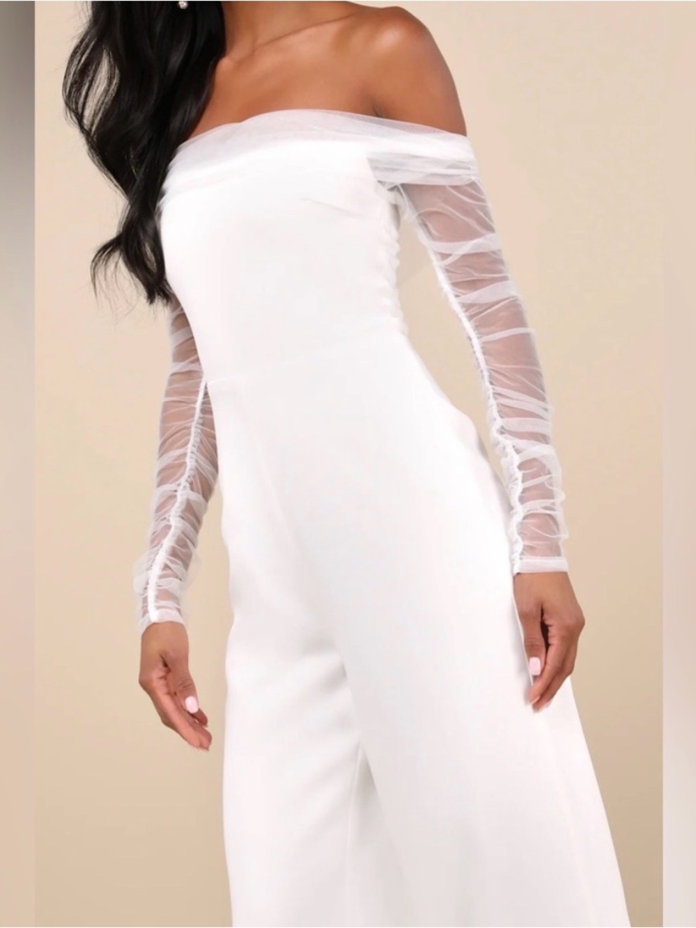 Lulus Off-Shoulder White Jumpsuit with Sheer Ruched Sleeves